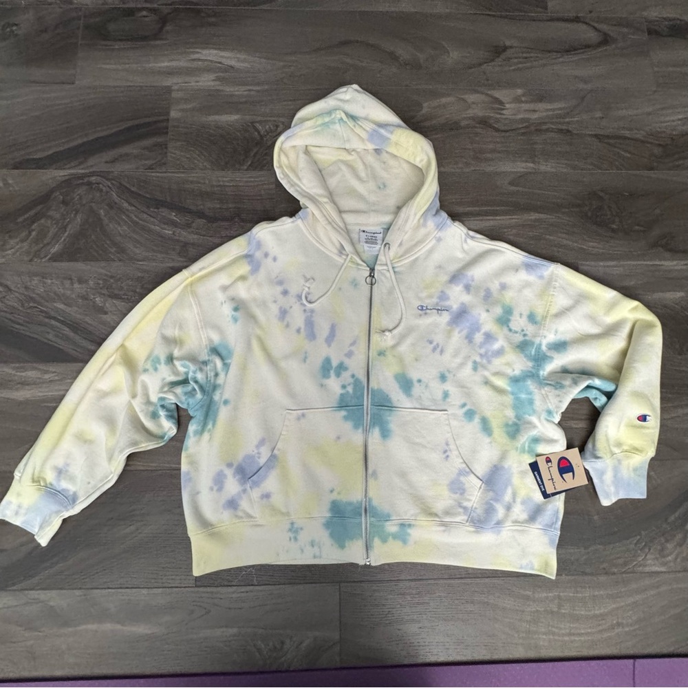 Champion Sunwash Tie Dyed Oversized Cropped Full Zip Hooded Sweatshirt XL NWT